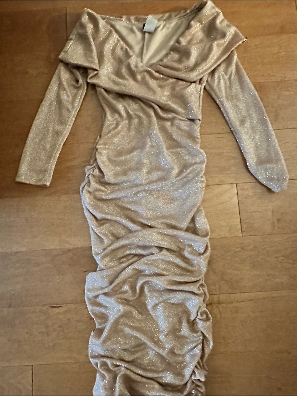 Sparkling Shimmer Long Sleeve Ruched Gold Dress